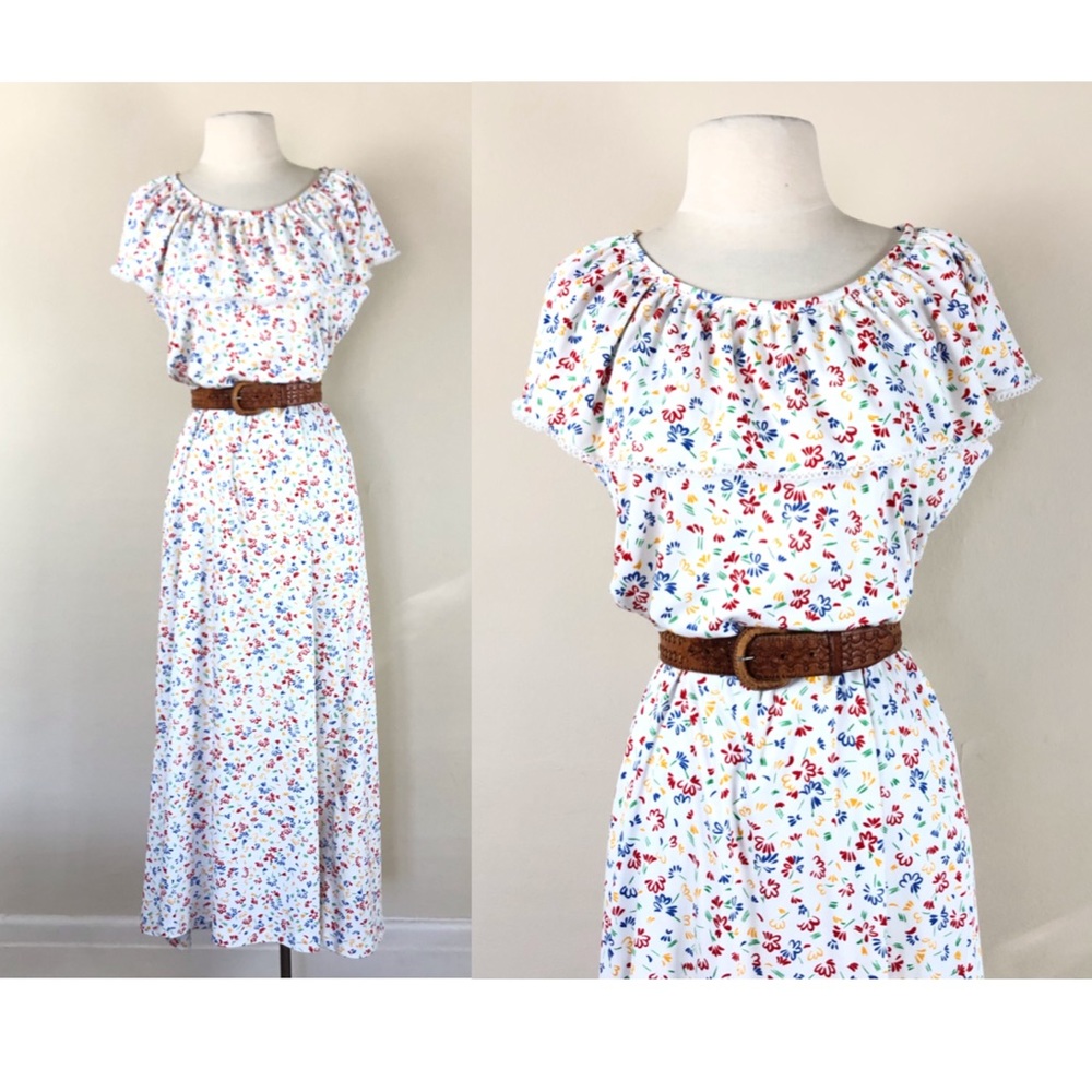vintage 60s floral ruffle collar maxi dress polyester white long mod hippie